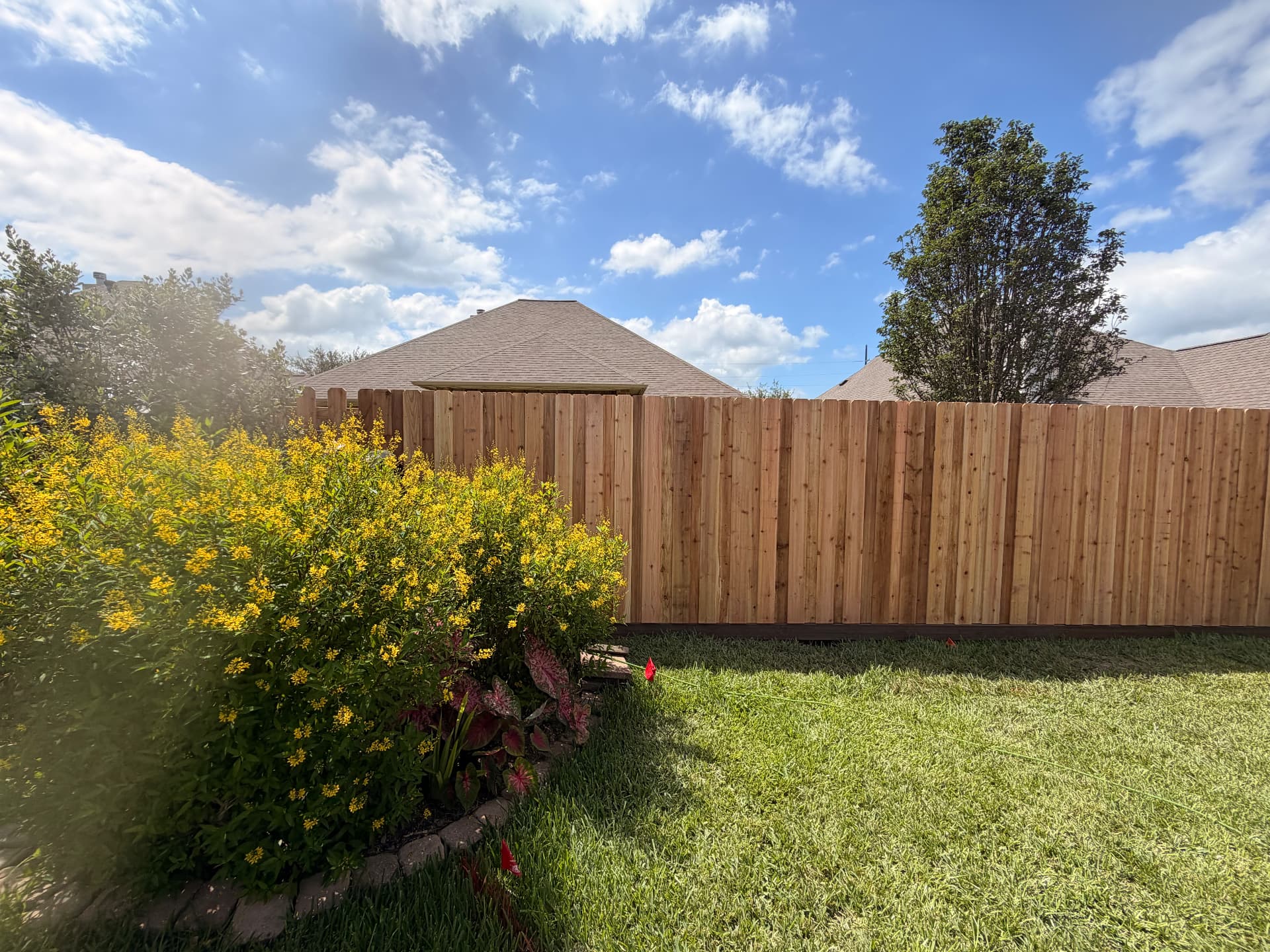 New cedar dog-ear privacy fence behind a flowering garden bed in a Bryan TX backyard