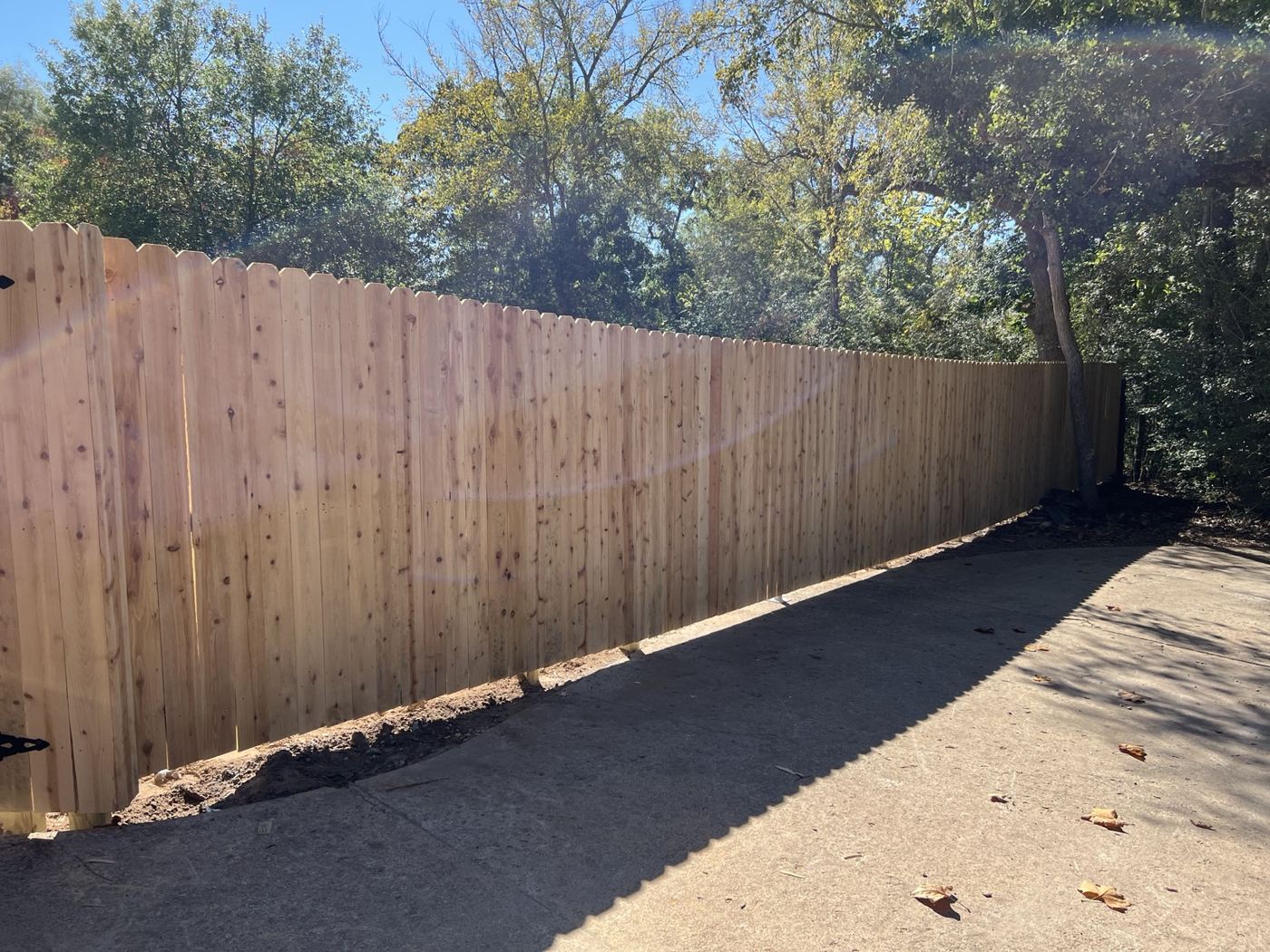 Long cedar privacy fence running along a shaded driveway